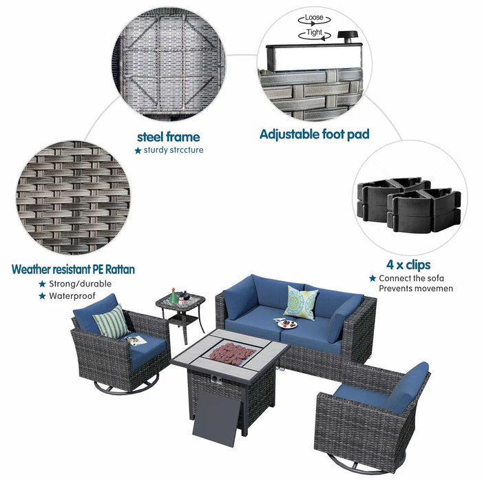 Outdoor Sectional Furniture 6-Piece with Rocking Chair and 30'' Fire Pit Table