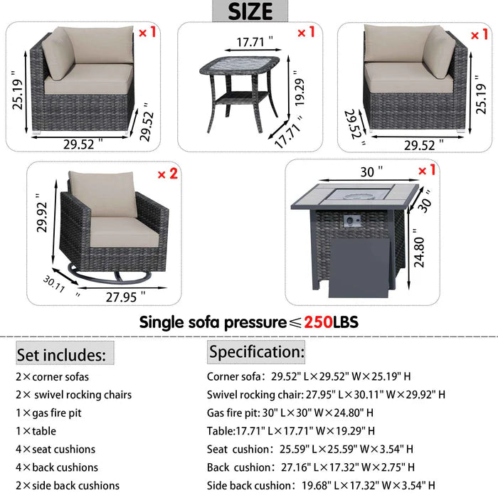 Outdoor Sectional Furniture 6-Piece with Rocking Chair and 30'' Fire Pit Table