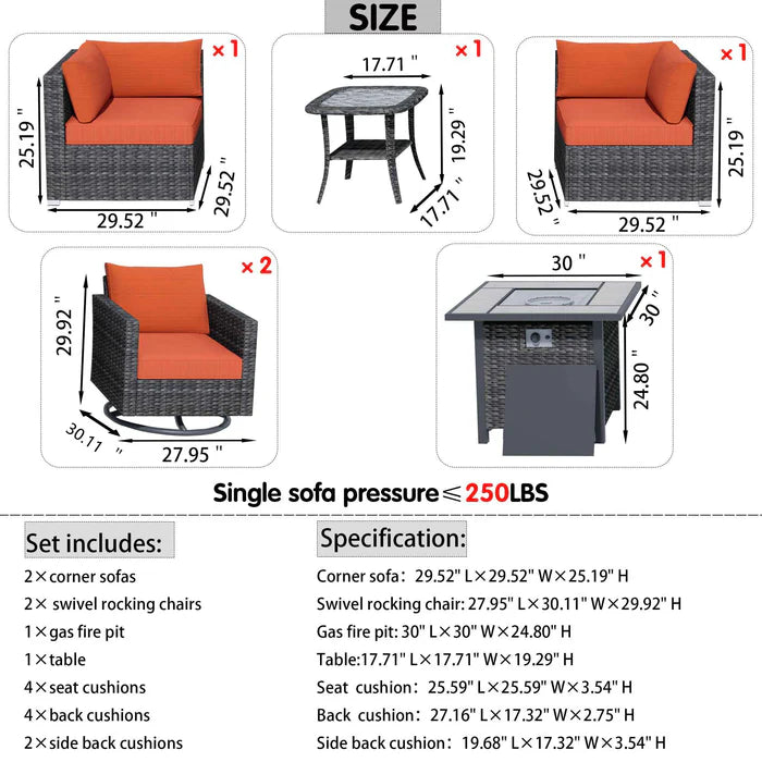 Outdoor Sectional Furniture 6-Piece with Rocking Chair and 30'' Fire Pit Table