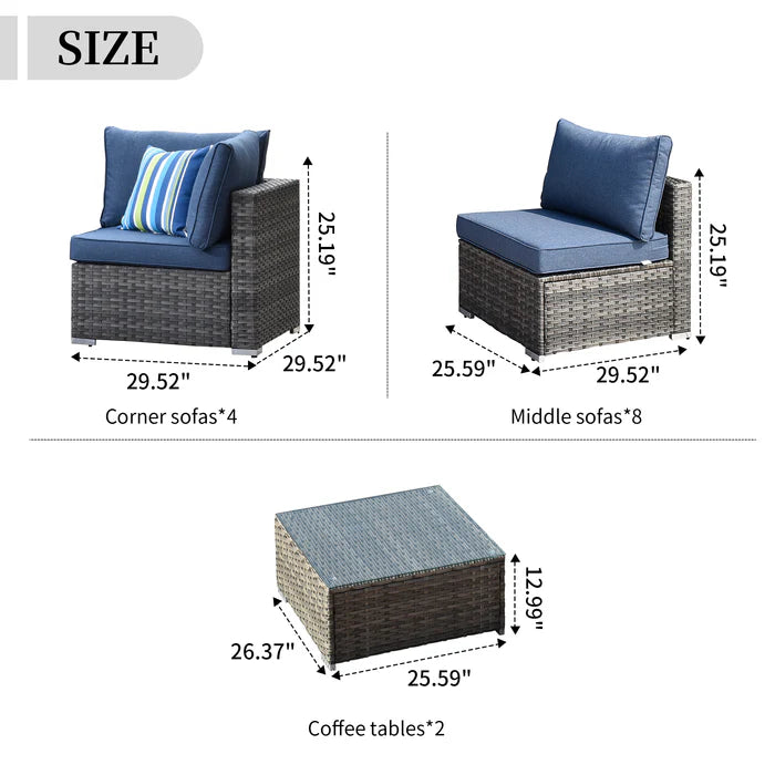 Patio Furniture Set 14-Piece with All Weather Rattan Wicker Sofa and Tempered Glass Table