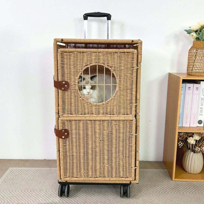 Rattan Plaited Travel Knit Hard Cat Carrier Luggage with Mat and Telescopic Handle Cat Carrier Suitcase with Wheels for Pet