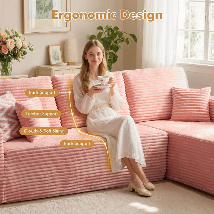 104" L-Shape Modular Couch with Chaise, Plush Corduroy Fabric, No Assembly Required