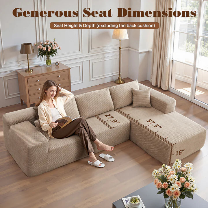 104" L-Shape Modular Couch with Chaise, Plush Corduroy Fabric, No Assembly Required