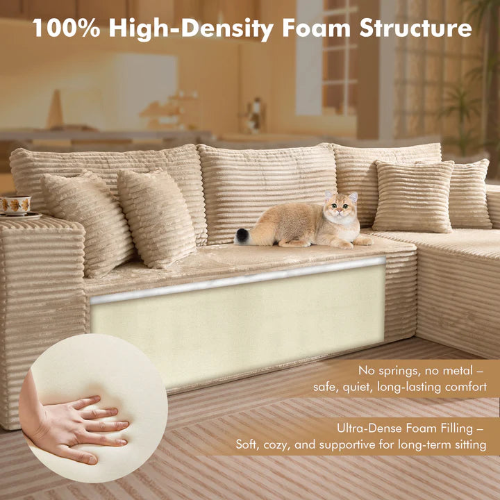 104" L-Shape Modular Couch with Chaise, Plush Corduroy Fabric, No Assembly Required