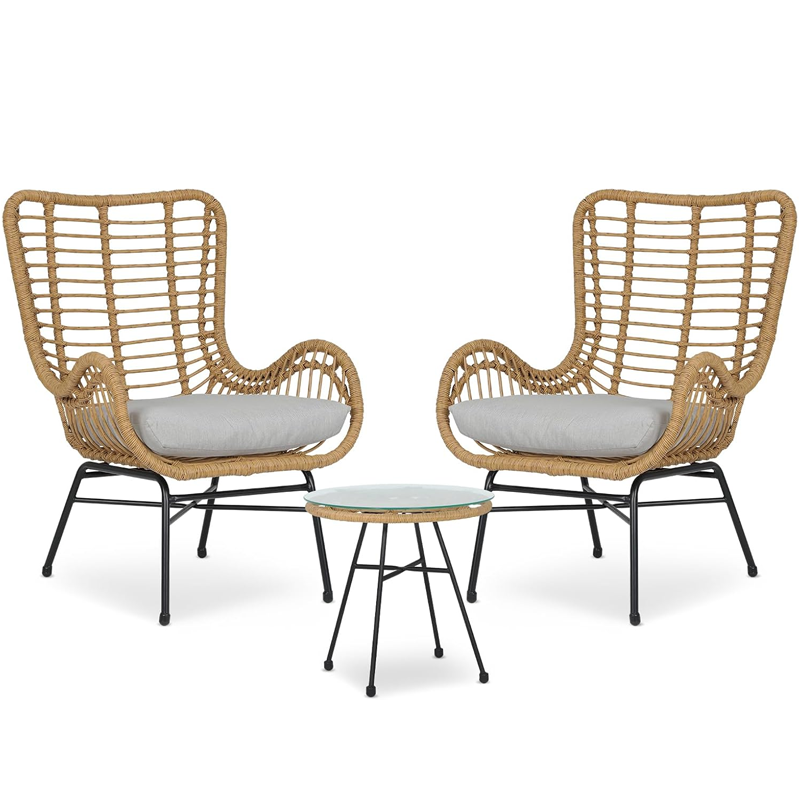Luxury-inspired Balcony Furniture Set: Three-Piece Rattan Lounge Chair & Coffee Table Creative Outdoor Garden Set with Recliner