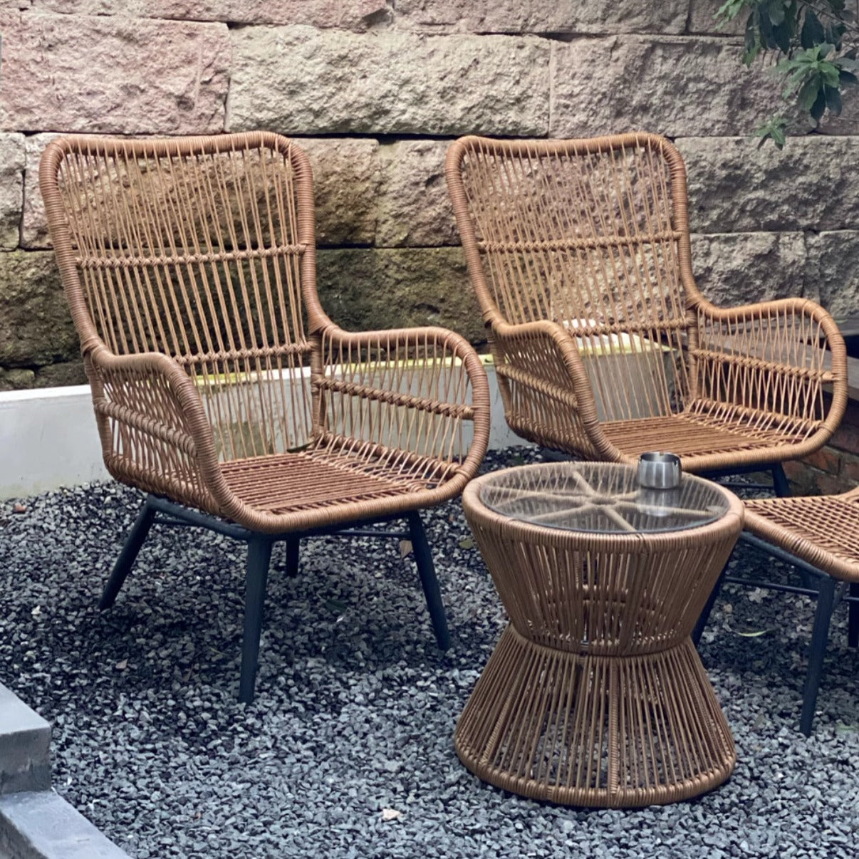 Balcony outdoor leisure rattan chair three piece set table, chair, coffee table footrest combination backrest chair, single rattan sofa lounge chair