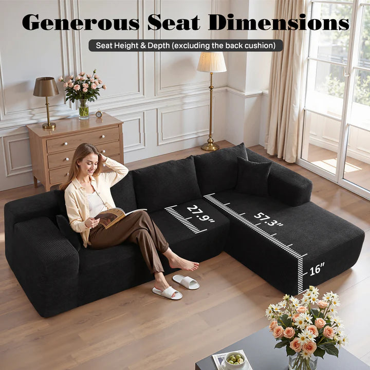 104" L-Shape Modular Couch with Chaise, Plush Corduroy Fabric, No Assembly Required