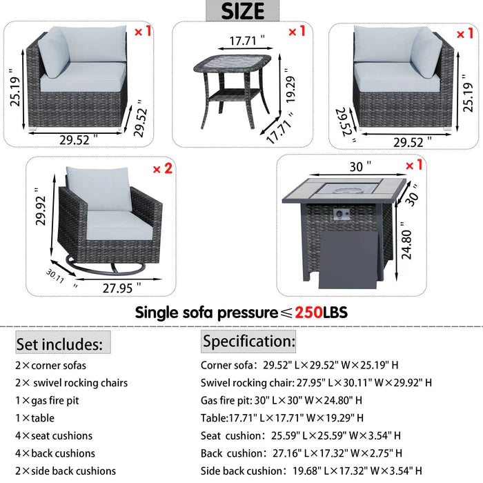 Outdoor Sectional Furniture 6-Piece with Rocking Chair and 30'' Fire Pit Table