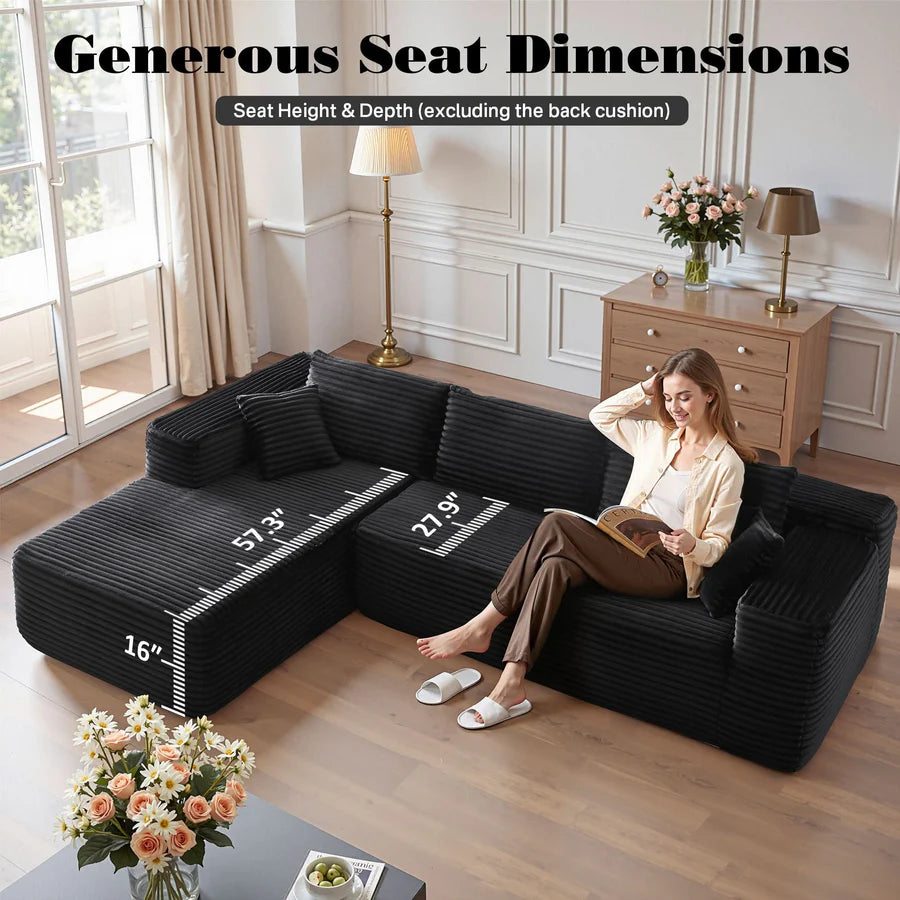 104" L-Shape Modular Couch with Chaise, Plush Corduroy Fabric, No Assembly Required