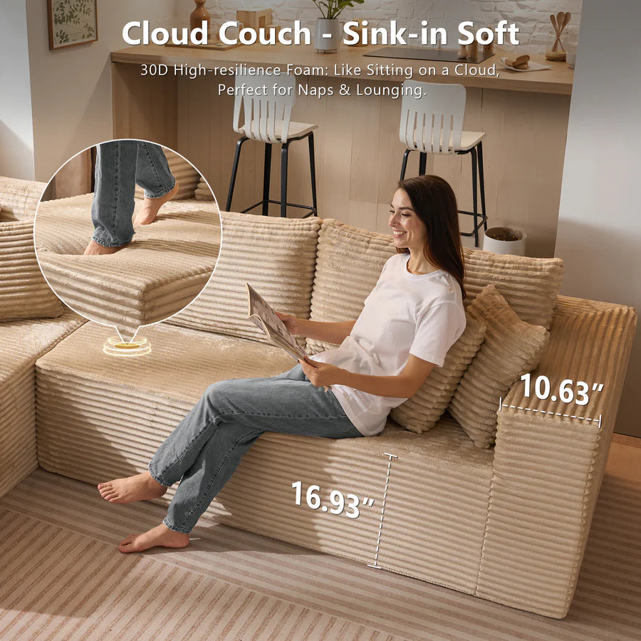 104" L-Shape Modular Couch with Chaise, Plush Corduroy Fabric, No Assembly Required