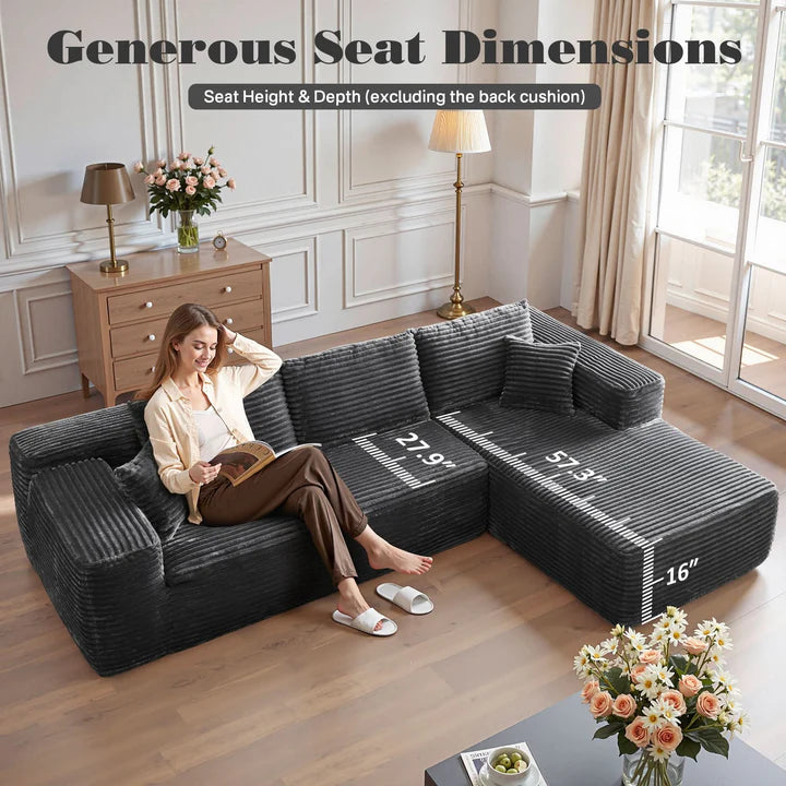 104" L-Shape Modular Couch with Chaise, Plush Corduroy Fabric, No Assembly Required