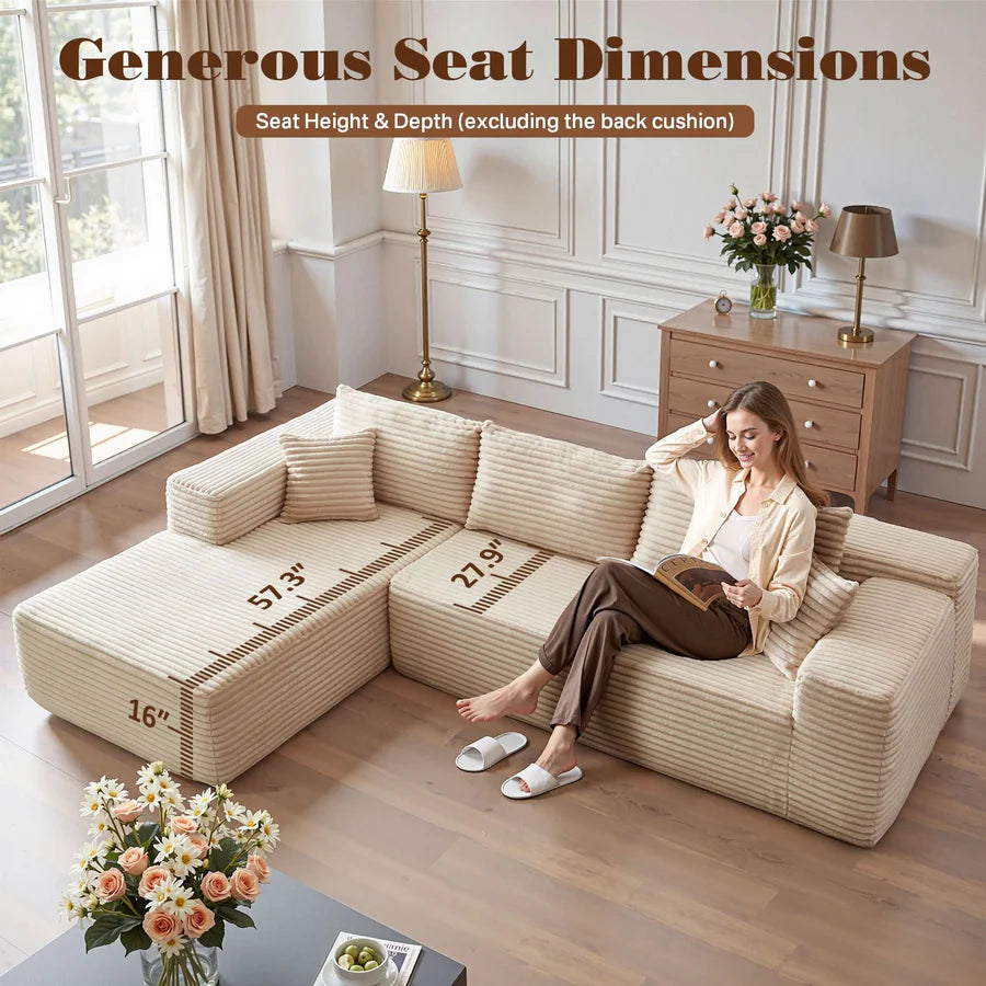 104" L-Shape Modular Couch with Chaise, Plush Corduroy Fabric, No Assembly Required