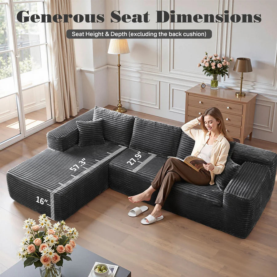 104" L-Shape Modular Couch with Chaise, Plush Corduroy Fabric, No Assembly Required