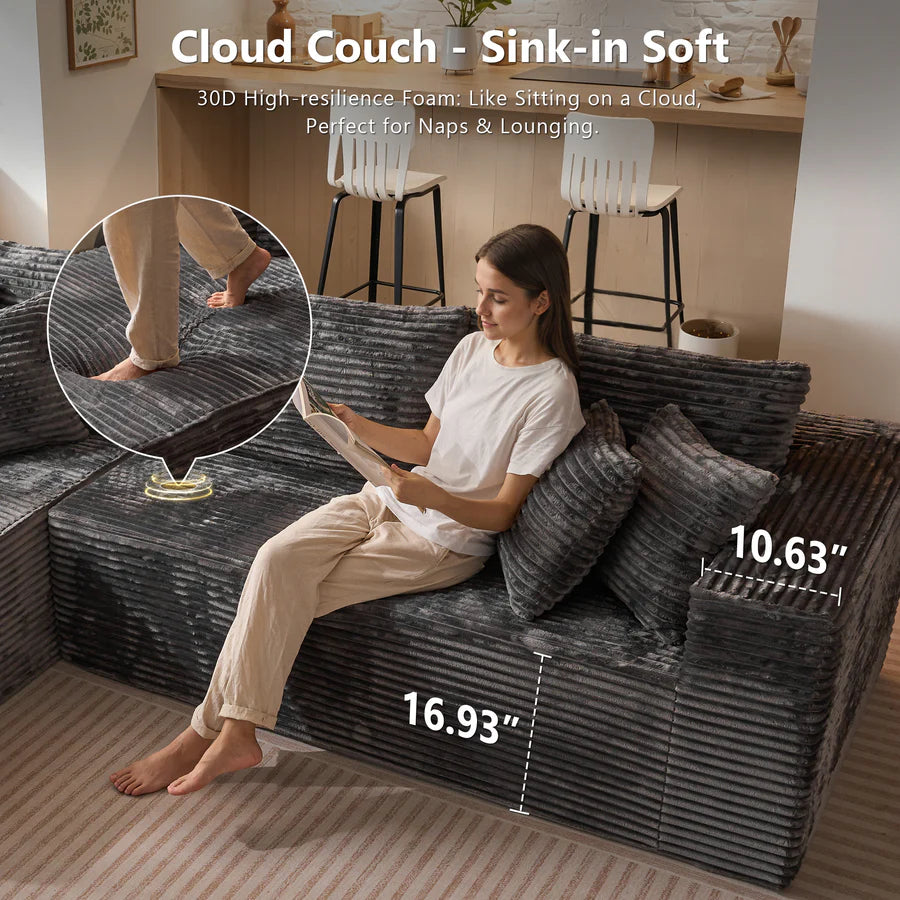 104" L-Shape Modular Couch with Chaise, Plush Corduroy Fabric, No Assembly Required