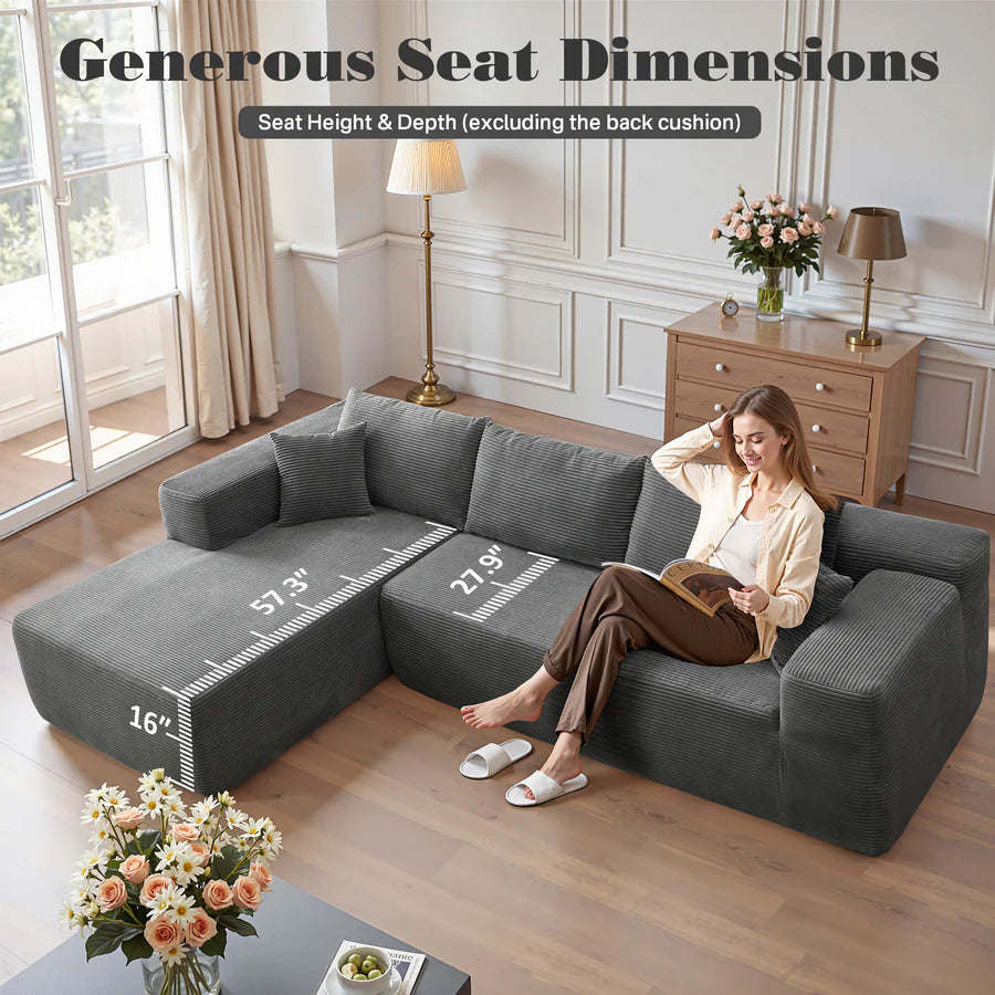 104" L-Shape Modular Couch with Chaise, Plush Corduroy Fabric, No Assembly Required