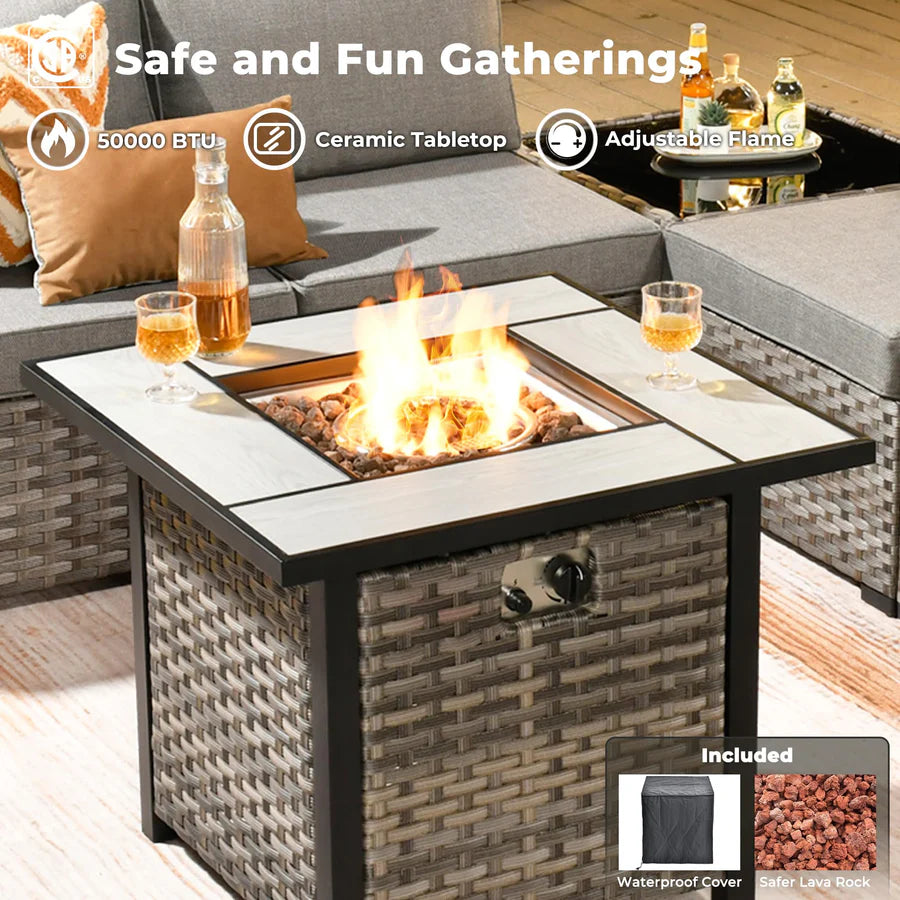10 Pieces Patio Furniture with 7.68'' Handrails and 30'' Fire Pit Table Rocking Chair
