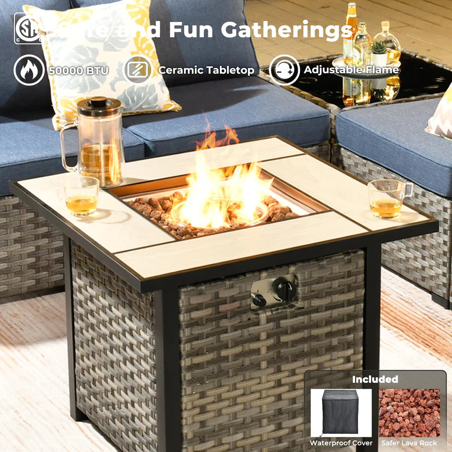 10 Pieces Patio Furniture with 7.68'' Handrails and 30'' Fire Pit Table Rocking Chair