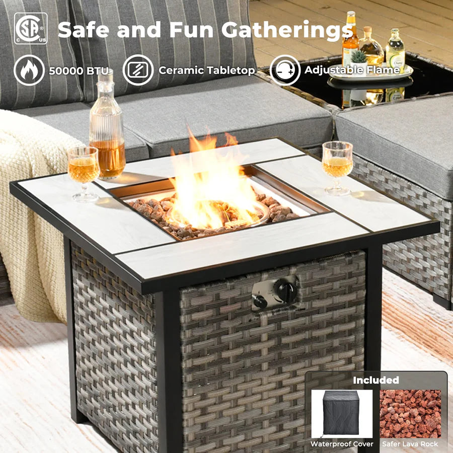 10 Pieces Patio Furniture with 7.68'' Handrails and 30'' Fire Pit Table Rocking Chair