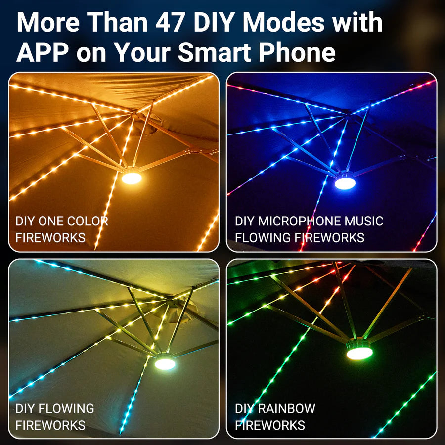 15ft Solar Patio Umbrella with APP/Remote Control, RGB LED Lights & Heavy Base