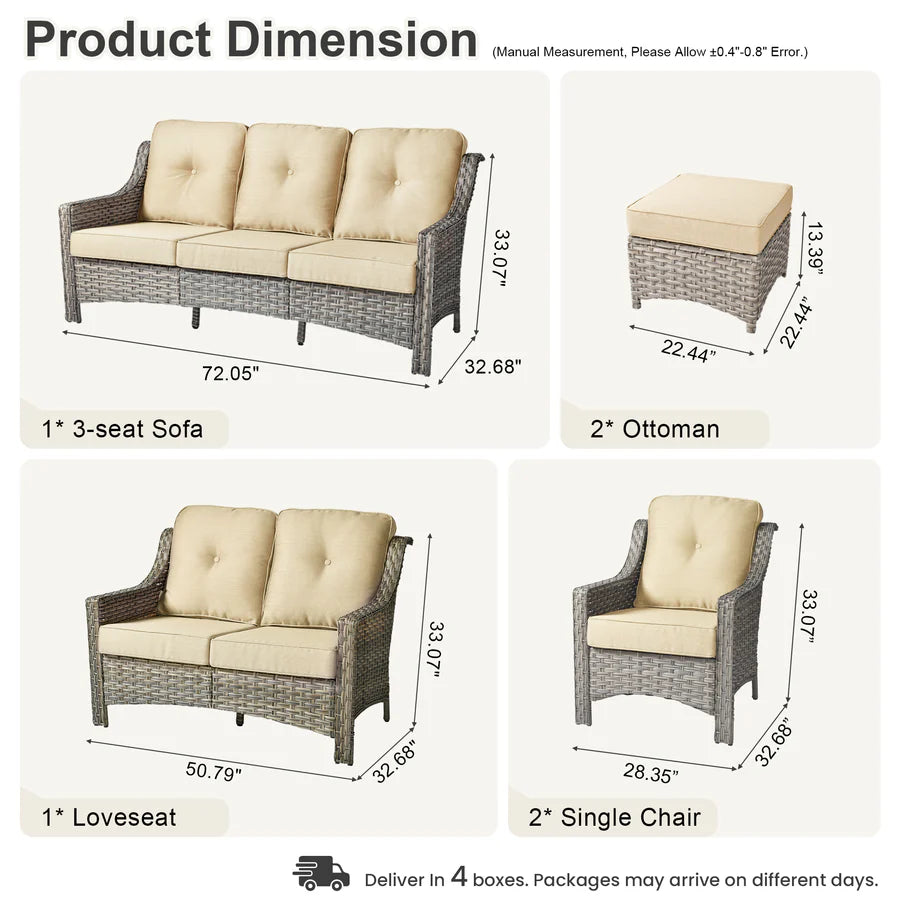 6 Pieces Patio Furniture Set, Outdoor Sofa Couch with Ottomans