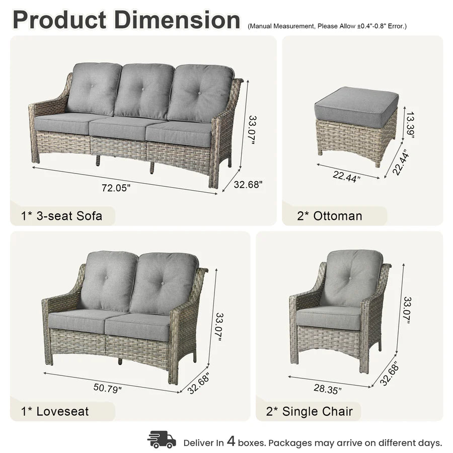 6 Pieces Patio Furniture Set, Outdoor Sofa Couch with Ottomans