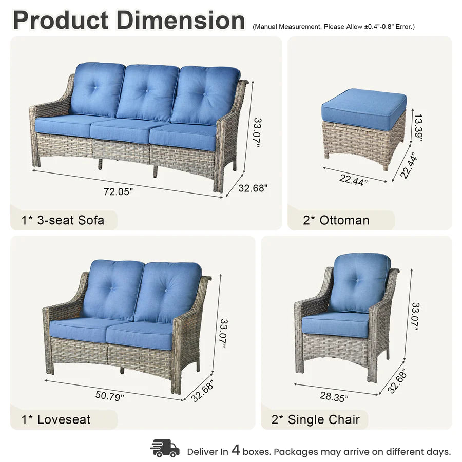 6 Pieces Patio Furniture Set, Outdoor Sofa Couch with Ottomans