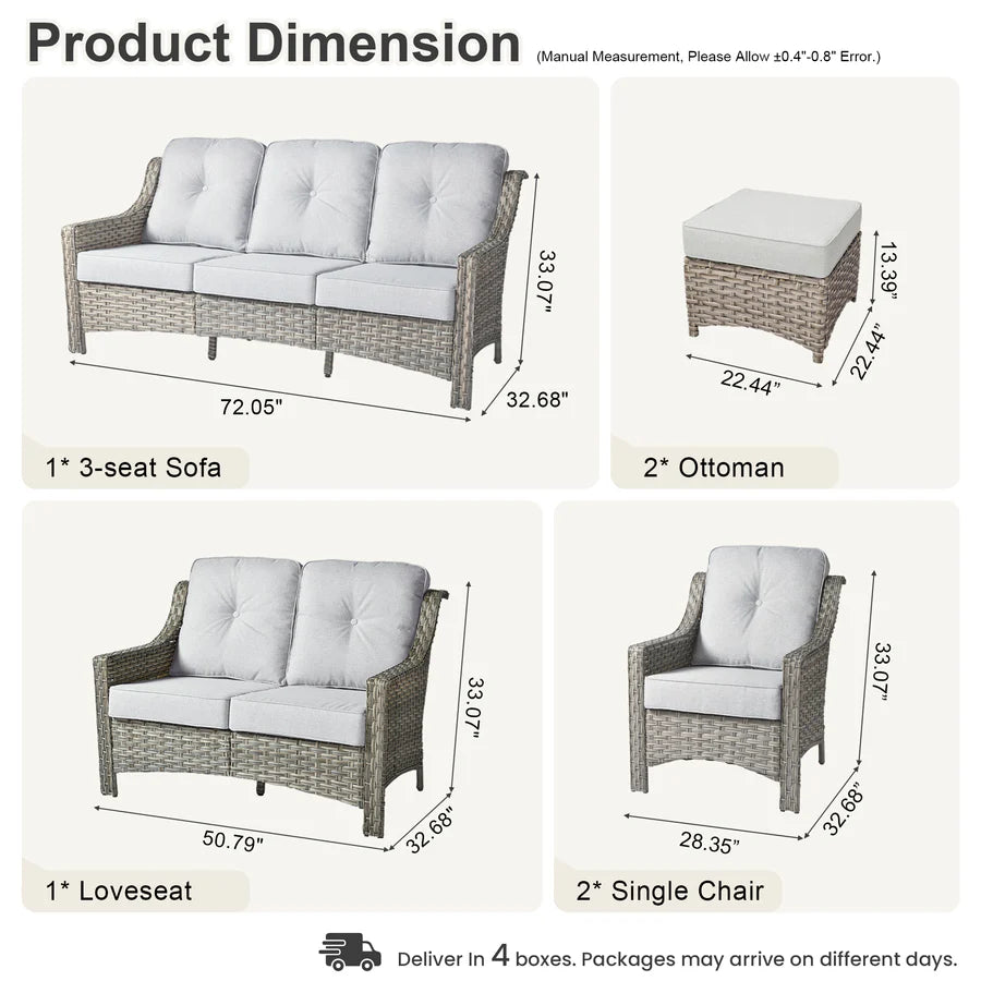 6 Pieces Patio Furniture Set, Outdoor Sofa Couch with Ottomans