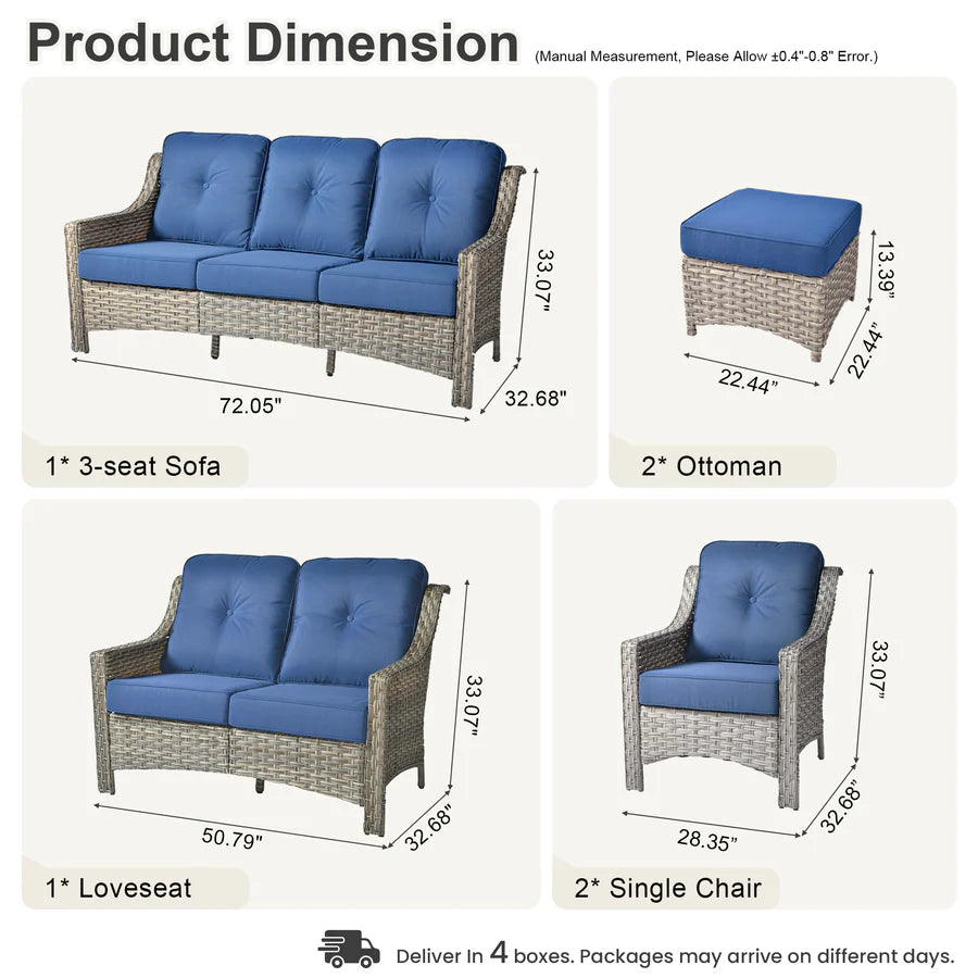 6 Pieces Patio Furniture Set, Outdoor Sofa Couch with Ottomans