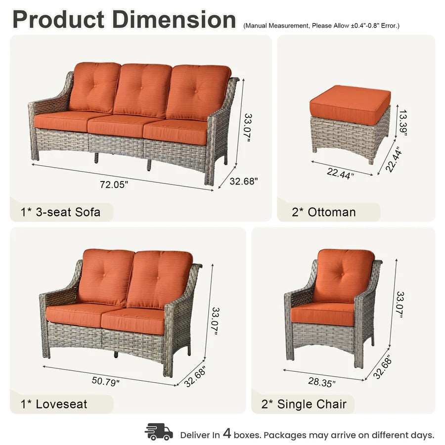 6 Pieces Patio Furniture Set, Outdoor Sofa Couch with Ottomans