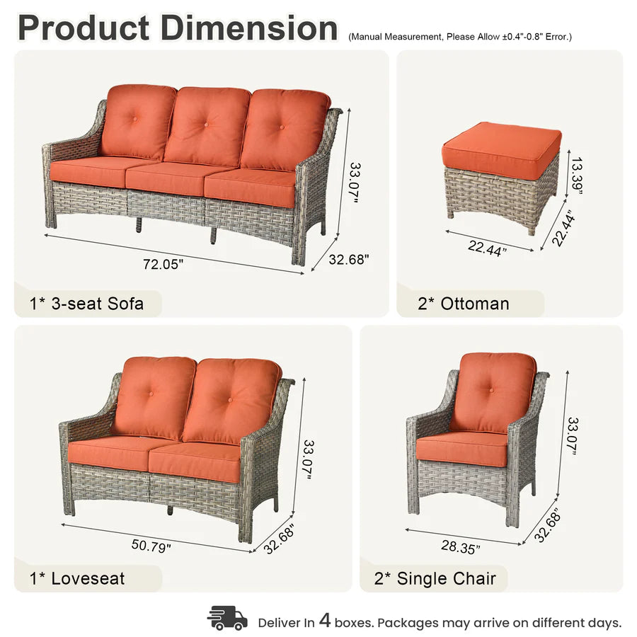 6 Pieces Patio Furniture Set, Outdoor Sofa Couch with Ottomans