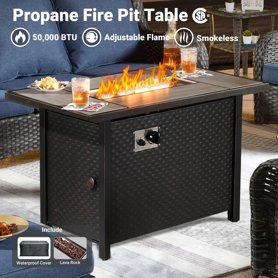 6 Pieces Patio Furniture Set with 42" Firepit Table, Outdoor Wicker Sofa with Ottomans