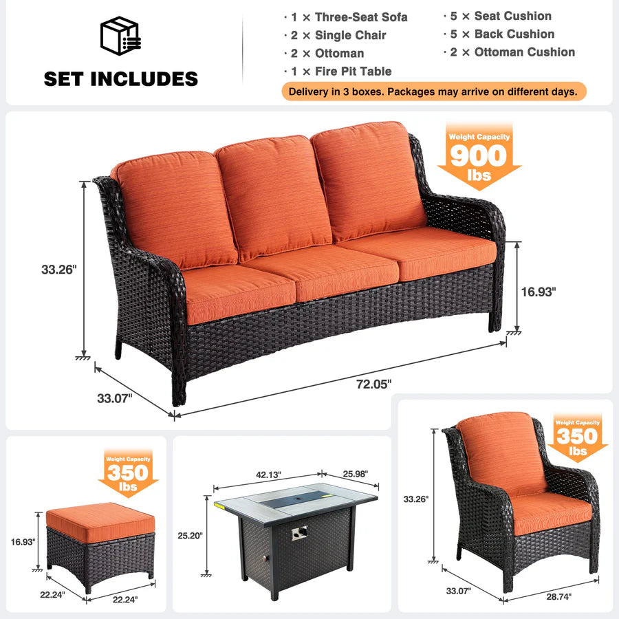 6 Pieces Patio Furniture Set with 42" Firepit Table, Outdoor Wicker Sofa with Ottomans