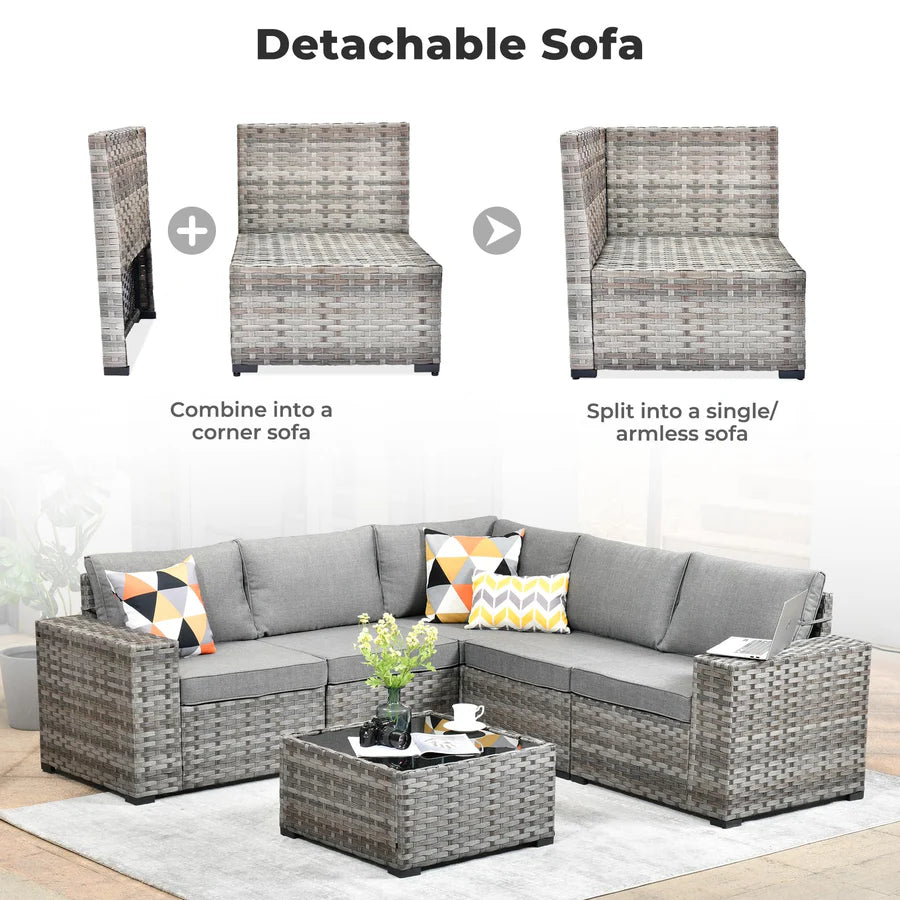 6 Pieces Outdoor Sectional Sofa with 7.68'' Broad Handrails