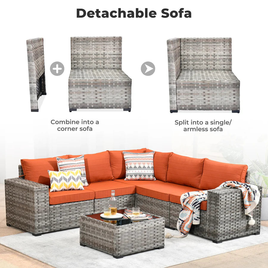 6 Pieces Outdoor Sectional Sofa with 7.68'' Broad Handrails