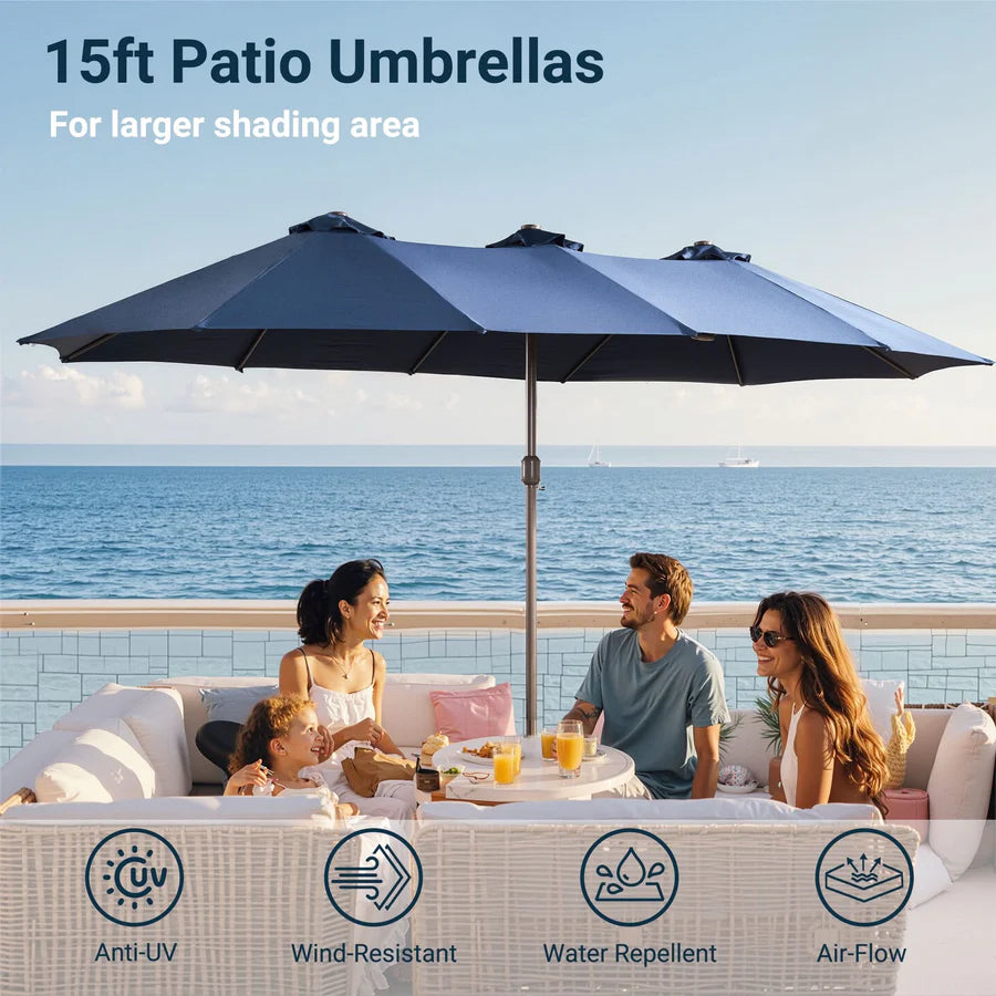 LED Patio Umbrella - Double-Sided Solar Powered with Base