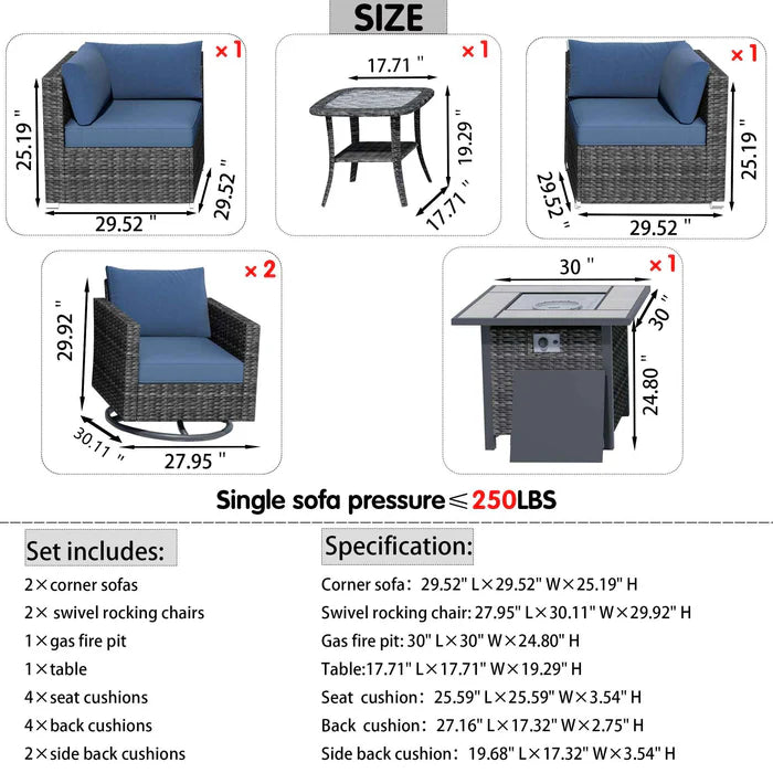 Outdoor Sectional Furniture 6-Piece with Rocking Chair and 30'' Fire Pit Table