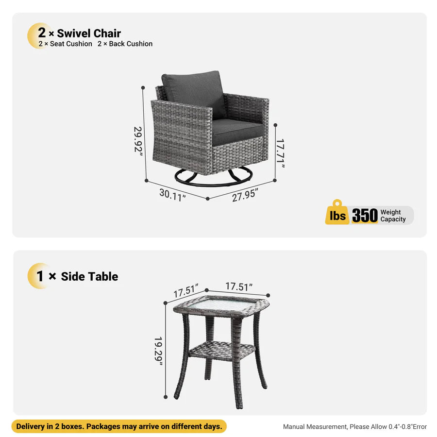 Patio Furniture 3-Piece Set with Swivel Chairs and Table Square Shape Armrest