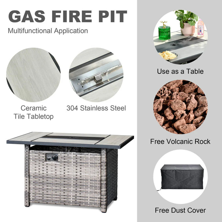 Patio Vultros 8-Piece Set With Swivel Chair and Rectangle 42'' Propane Fire Pit Table