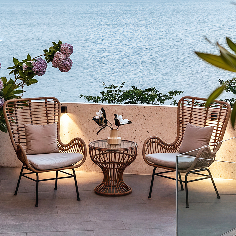 Luxury-inspired Balcony Furniture Set: Three-Piece Rattan Lounge Chair & Coffee Table Creative Outdoor Garden Set with Recliner