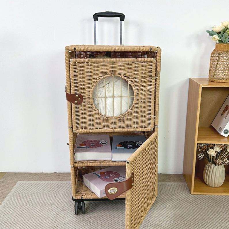 Rattan Plaited Travel Knit Hard Cat Carrier Luggage with Mat and Telescopic Handle Cat Carrier Suitcase with Wheels for Pet