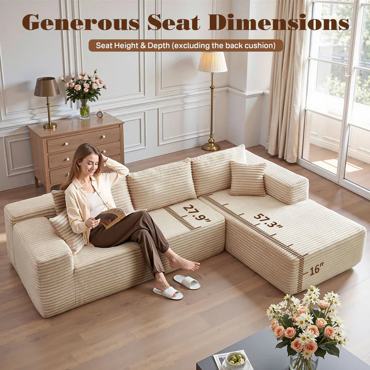 104" L-Shape Modular Couch with Chaise, Plush Corduroy Fabric, No Assembly Required