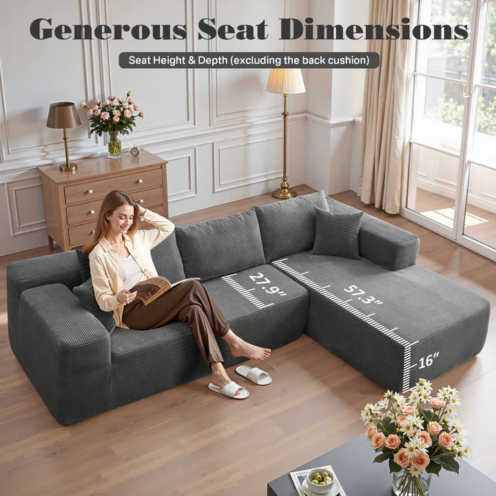 104" L-Shape Modular Couch with Chaise, Plush Corduroy Fabric, No Assembly Required