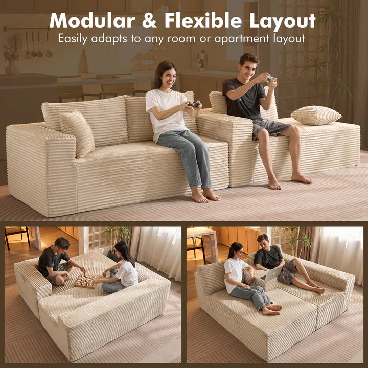 104" L-Shape Modular Couch with Chaise, Plush Corduroy Fabric, No Assembly Required