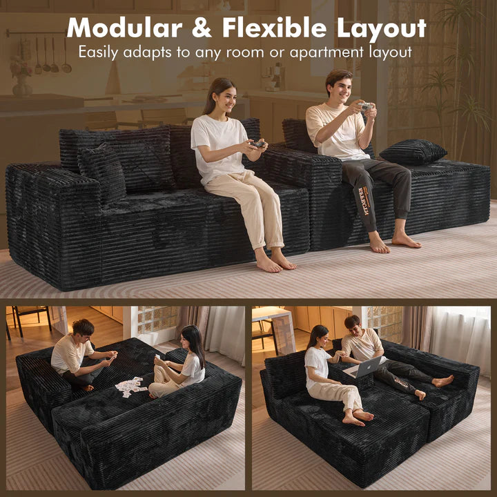 104" L-Shape Modular Couch with Chaise, Plush Corduroy Fabric, No Assembly Required