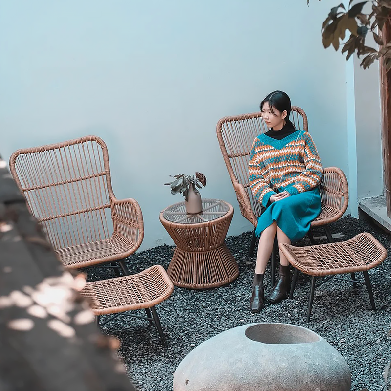 Balcony outdoor leisure rattan chair three piece set table, chair, coffee table footrest combination backrest chair, single rattan sofa lounge chair