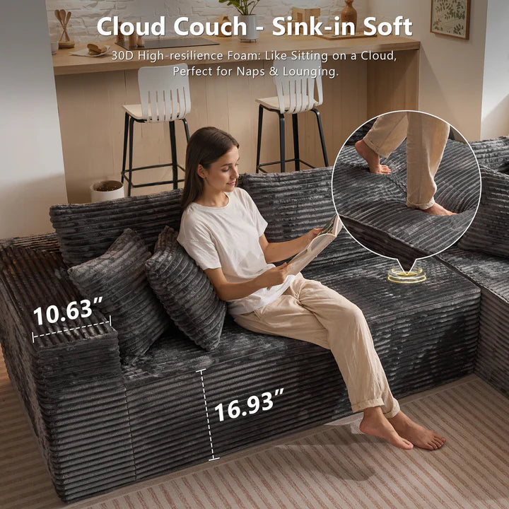 104" L-Shape Modular Couch with Chaise, Plush Corduroy Fabric, No Assembly Required