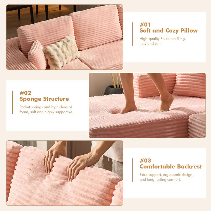 104" L-Shape Modular Couch with Chaise, Plush Corduroy Fabric, No Assembly Required