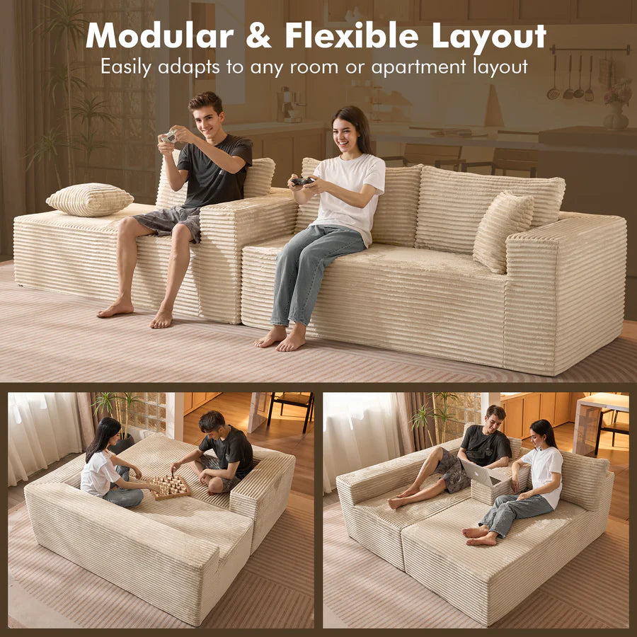104" L-Shape Modular Couch with Chaise, Plush Corduroy Fabric, No Assembly Required