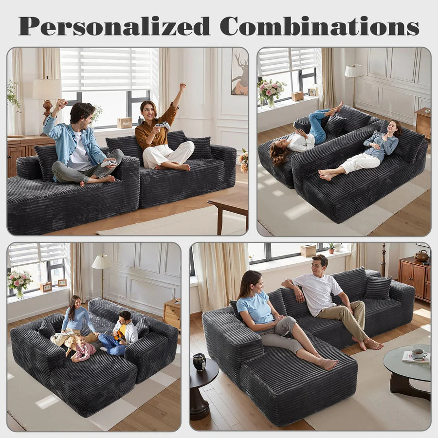 104" L-Shape Modular Couch with Chaise, Plush Corduroy Fabric, No Assembly Required