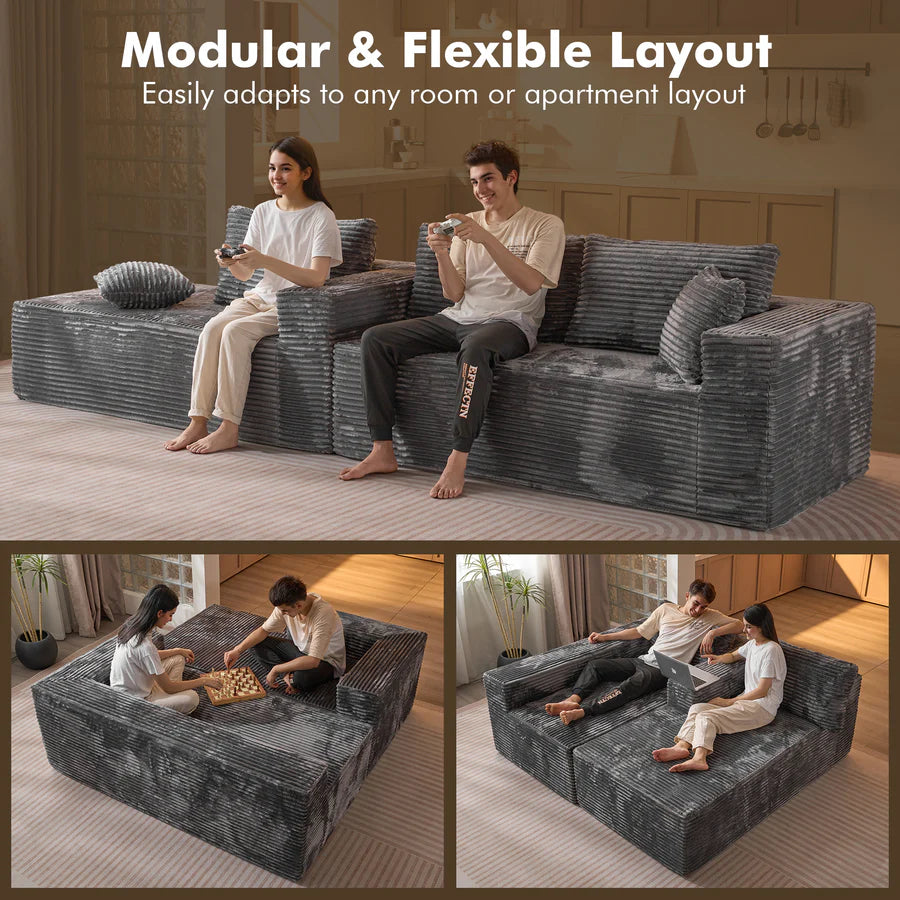 104" L-Shape Modular Couch with Chaise, Plush Corduroy Fabric, No Assembly Required